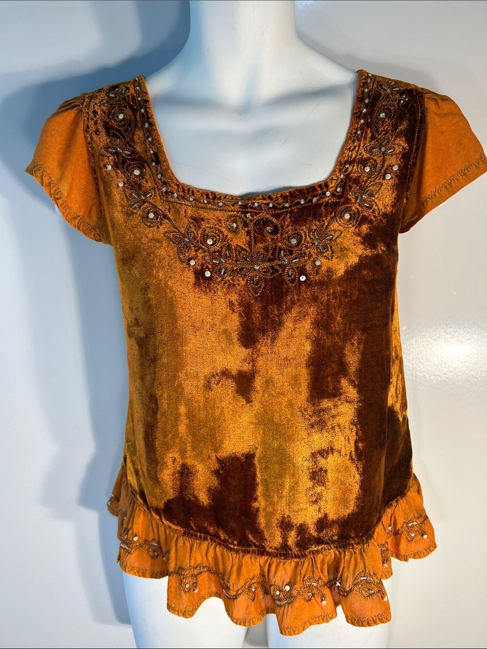 Just Cruising SZL/XL Burnt Orange Velvet Beaded Top Boho Fairy Grunge Whimsigoth